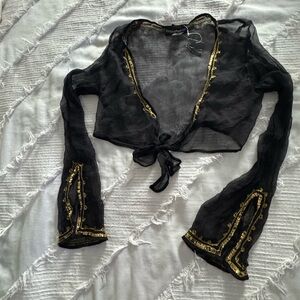 Sheer Black Tie-Front Crop Top with Gold Embroidery